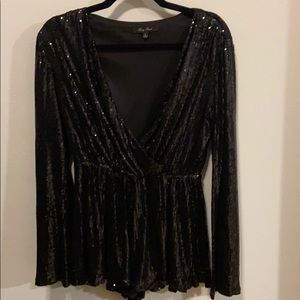 Honey Punch sequin long sleeve romper, black